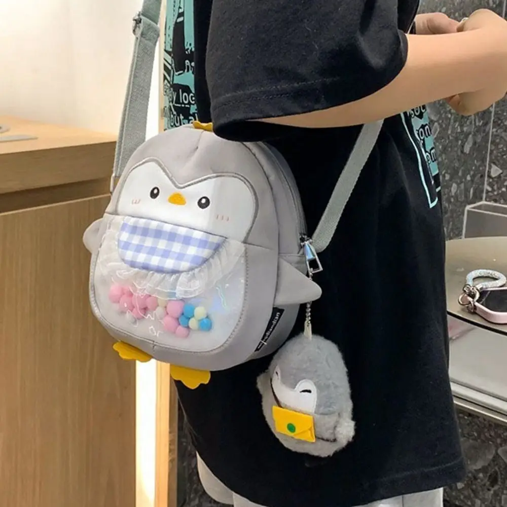 Canvas Penguin Shoulder Bag Large Capacity Animal Cartoon Handbag Korean Style Cosmetic Pouch Penguin Pendant Outdoor