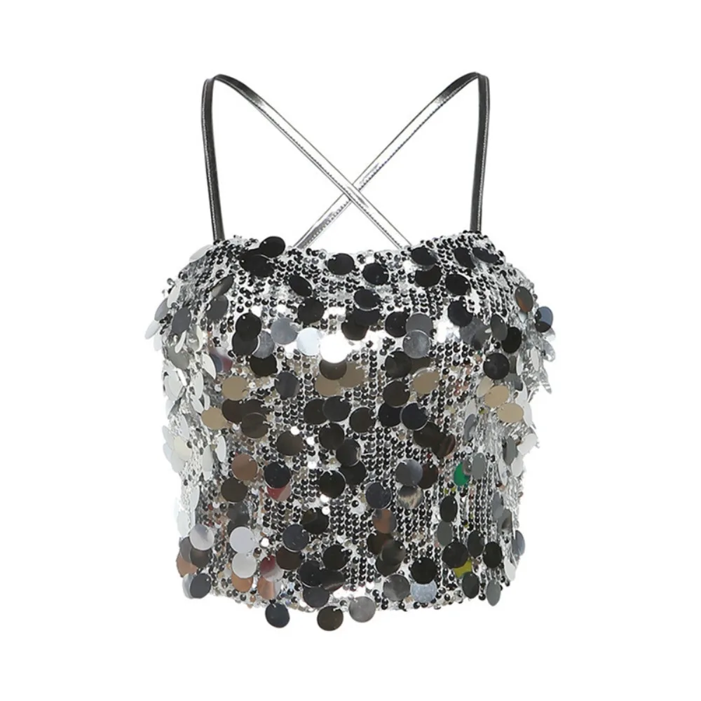 

Punk Short Glitter Tank Top Spicy Girl Style Beachwear Silver Sequin Camisole Sleeveless Ins Style Women's Lace-Up Vest Lady