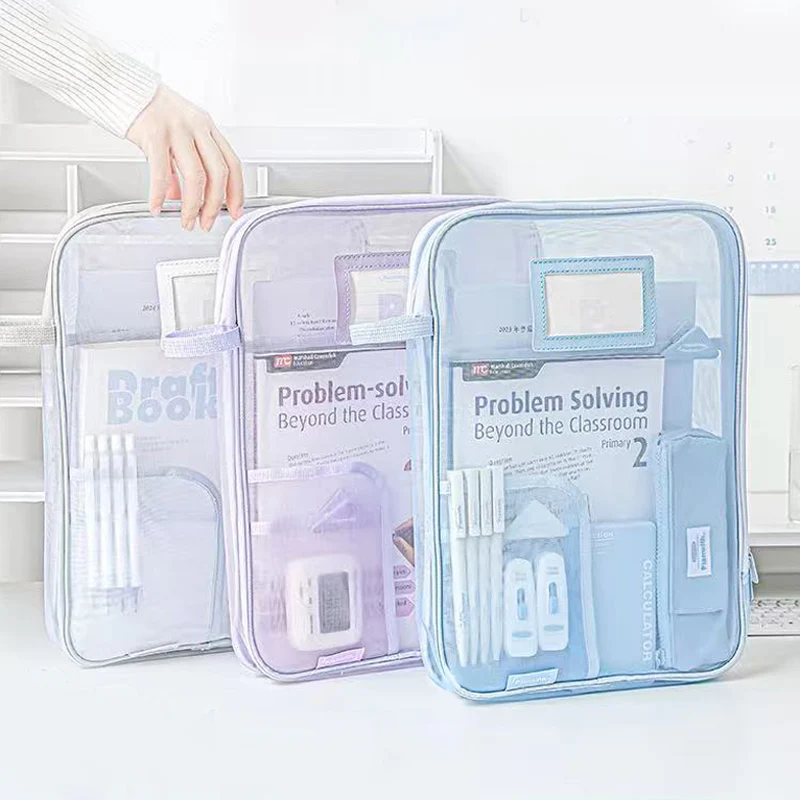 L-Shaped File Bag Zipper Large Capacity Student's Handheld Test Paper Classification Mesh Subject Bag Stationery
