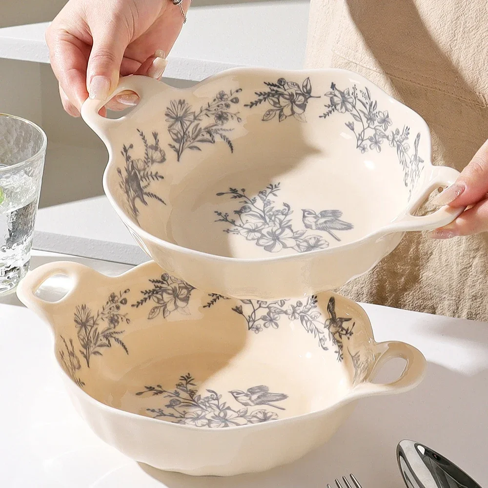 Double Handle Ceramic Soup Bowl Home Kitchen Vintage Floral Underglaze Colour Fruit Bowl Plate Large Capacity Deep Serving Bowls