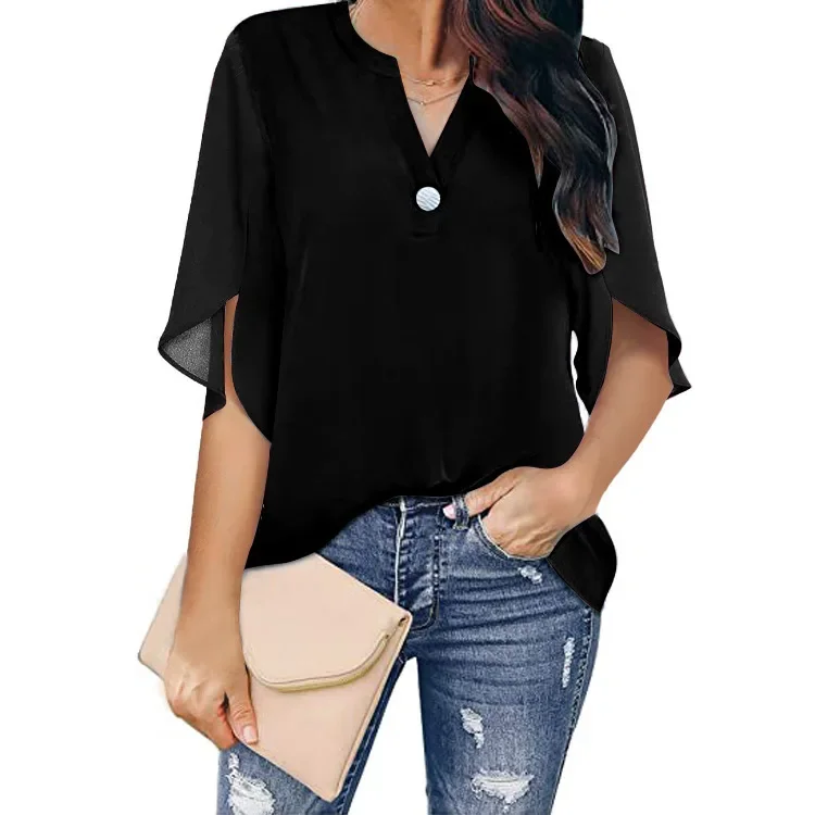 Summer Women Tops V Neck Chiffon Loose Blouse Casual Lady Solid Elegant Thin Half Sleeve Blouse Shirts for Female ZC-ZC318