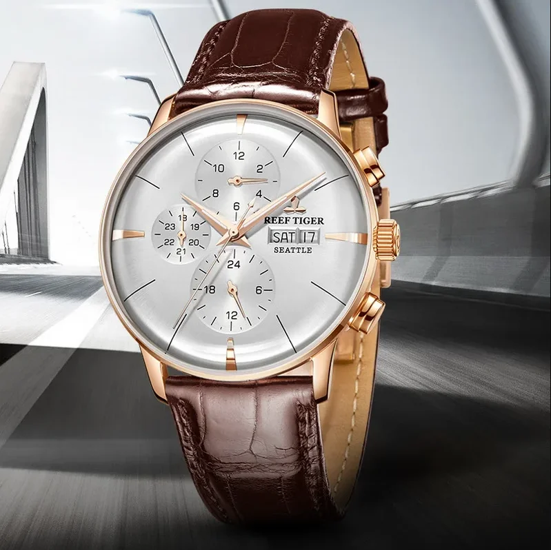 

Мужские роскошные часы Reef Tiger, 42 мм, автоматические механические наручные часы, ультратонкие, 5 бар, водонепроницаемые, с несколькими циферблатами, с сапфировым стеклом, месяц, неделя, дата