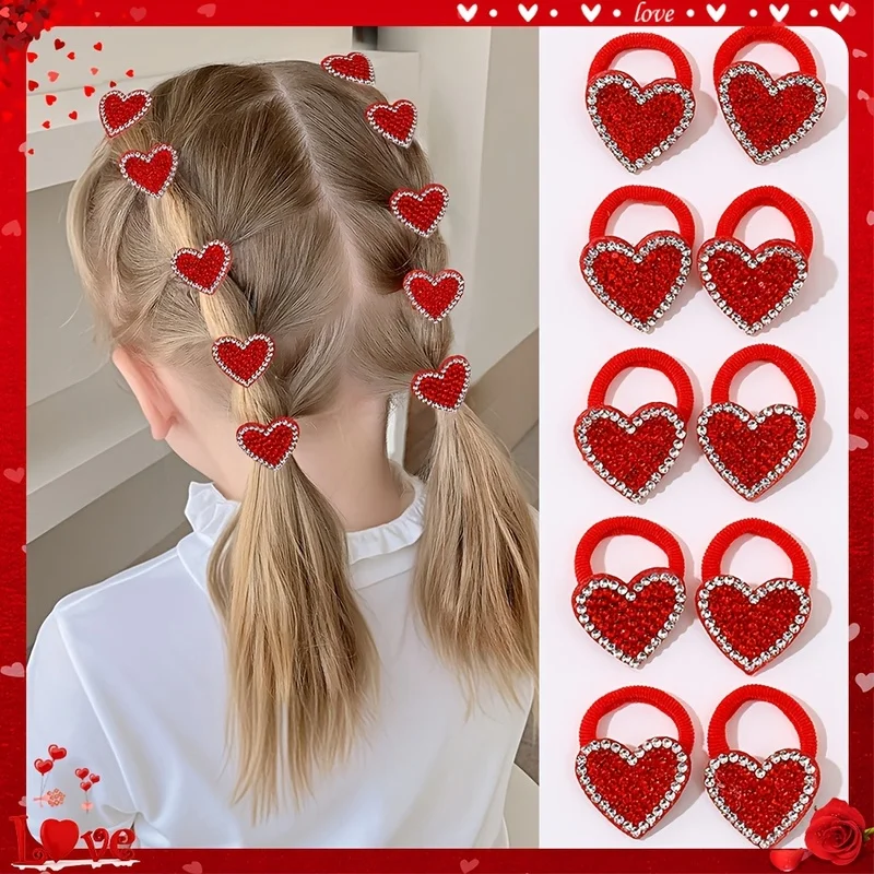 10 Pack of Cute Valentine's Day Hair Ties for Girls - Heart Element Design Valentine's Day Gifts Suitable for Girls for Everyday