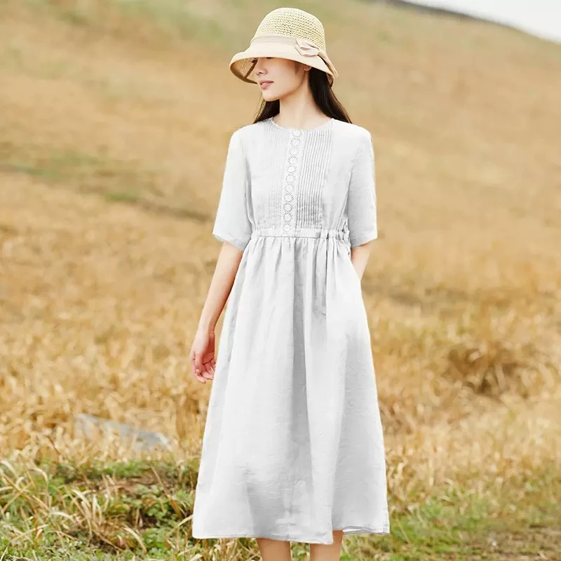 Oversize Summer Cotton Linen Midi Dress Women Embroidery Flower Ruffled Pleated O Neck Half Sleeve Casual Loose Long Dress X1337