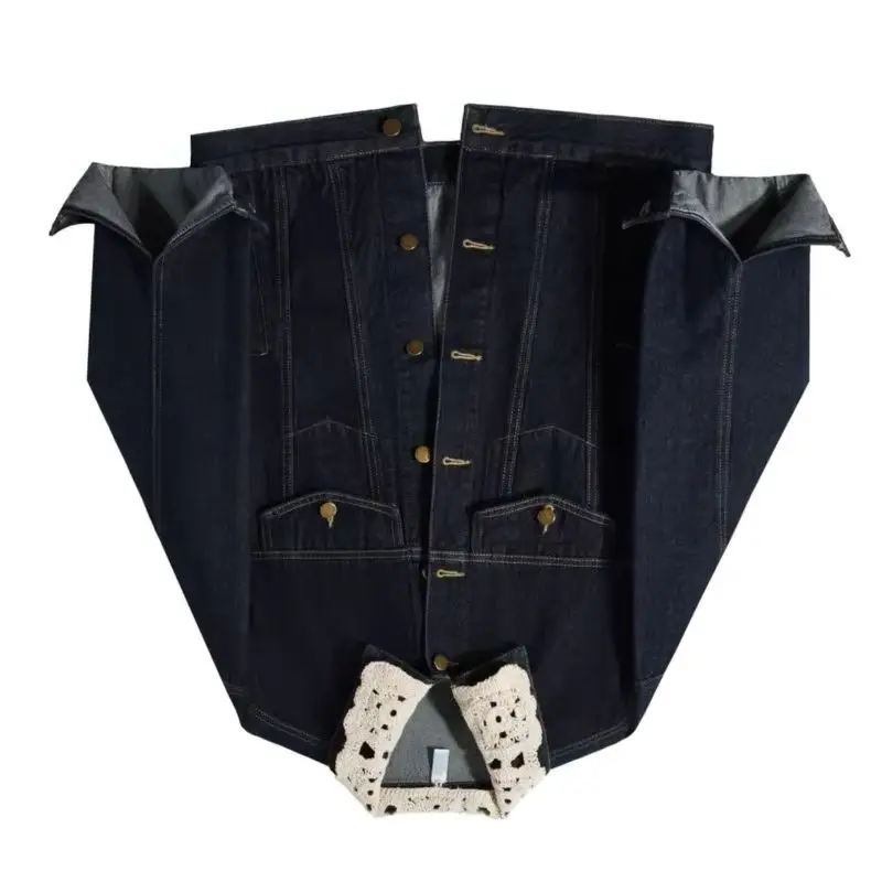Women Autumn Sweet and Cool Loose Casual Jacket Cardigan Top Temperament Commuting Large Size Retro Lace Stitching Denim Jacket