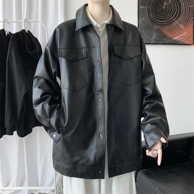 

Leather Jacket Male Korean Trend Handsome Motorcycle Top Leather Coat Handsome Hong Kong Style Autumn Spring High Street Brand