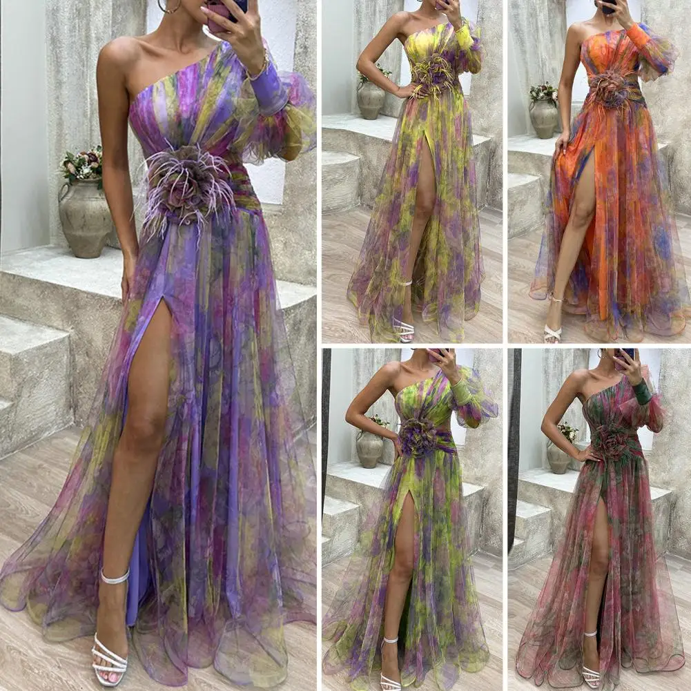 

Feminine Tulle Bodice Evening Gown Formal Evening Dress Elegant One Shoulder Tie-dye Ball Gown with Mesh Bubble Sleeves Split