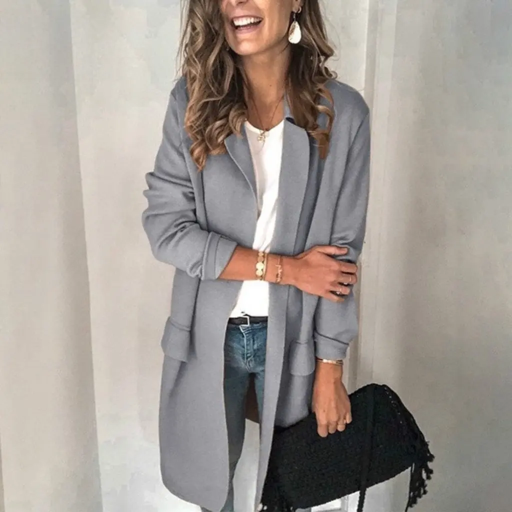 

Women's Long Sleeve Casual Suit Jacket Solid Color Fake Pocket Autumn Winter Fashion Top for European American Style