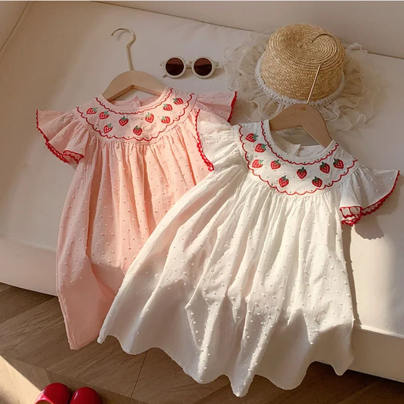 2025 New Summer Sister Clothing 2-7Yrs Kids Princess Dresses Flying Sleeve Cotton Embroidery Baby Girl Birthday Party Dress