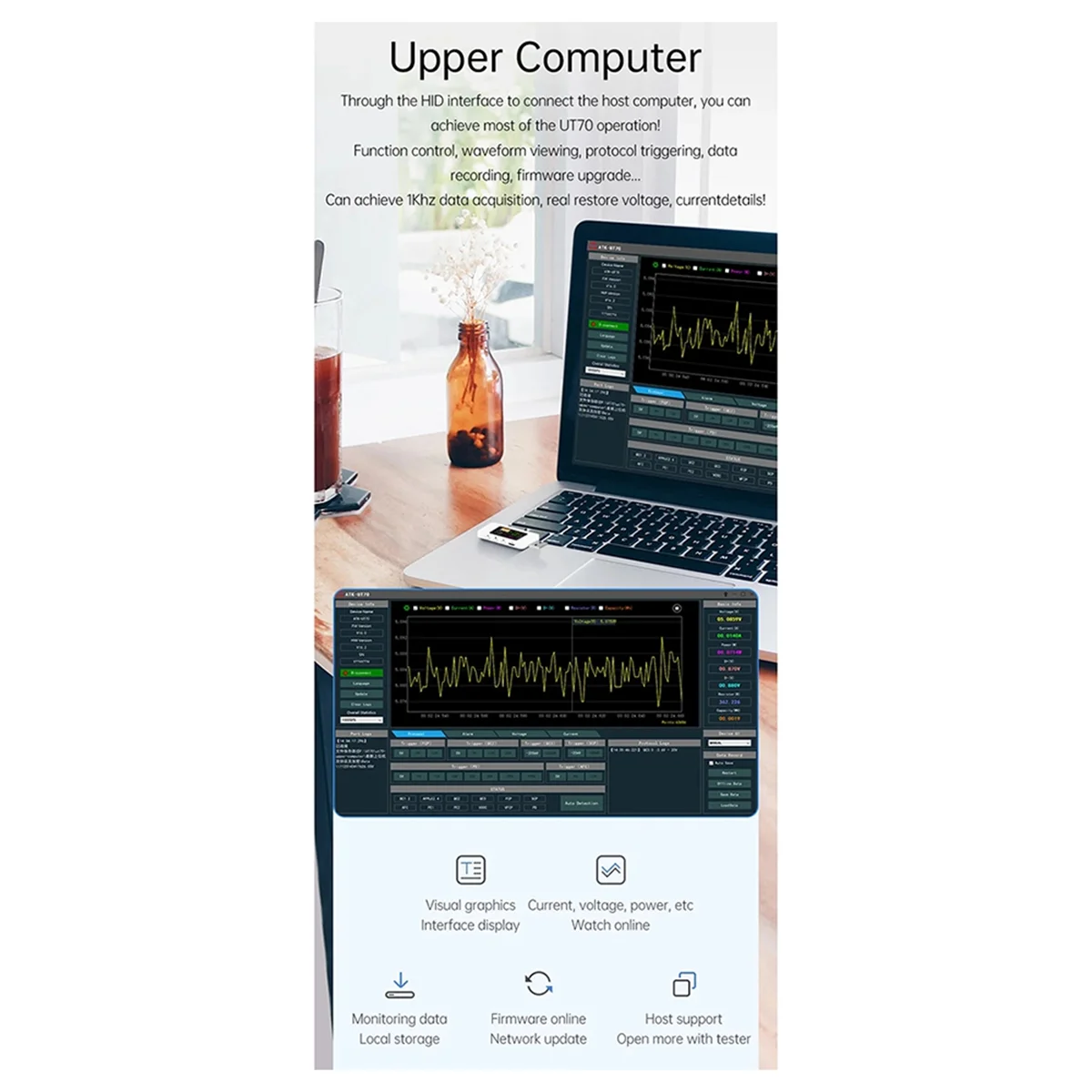 ABYC UT70 USB-tester Digitale voltmeter Ampèremeter Capaciteitsmeting Golfvormweergave Elektricien TYPE-C Detectie Trigger B