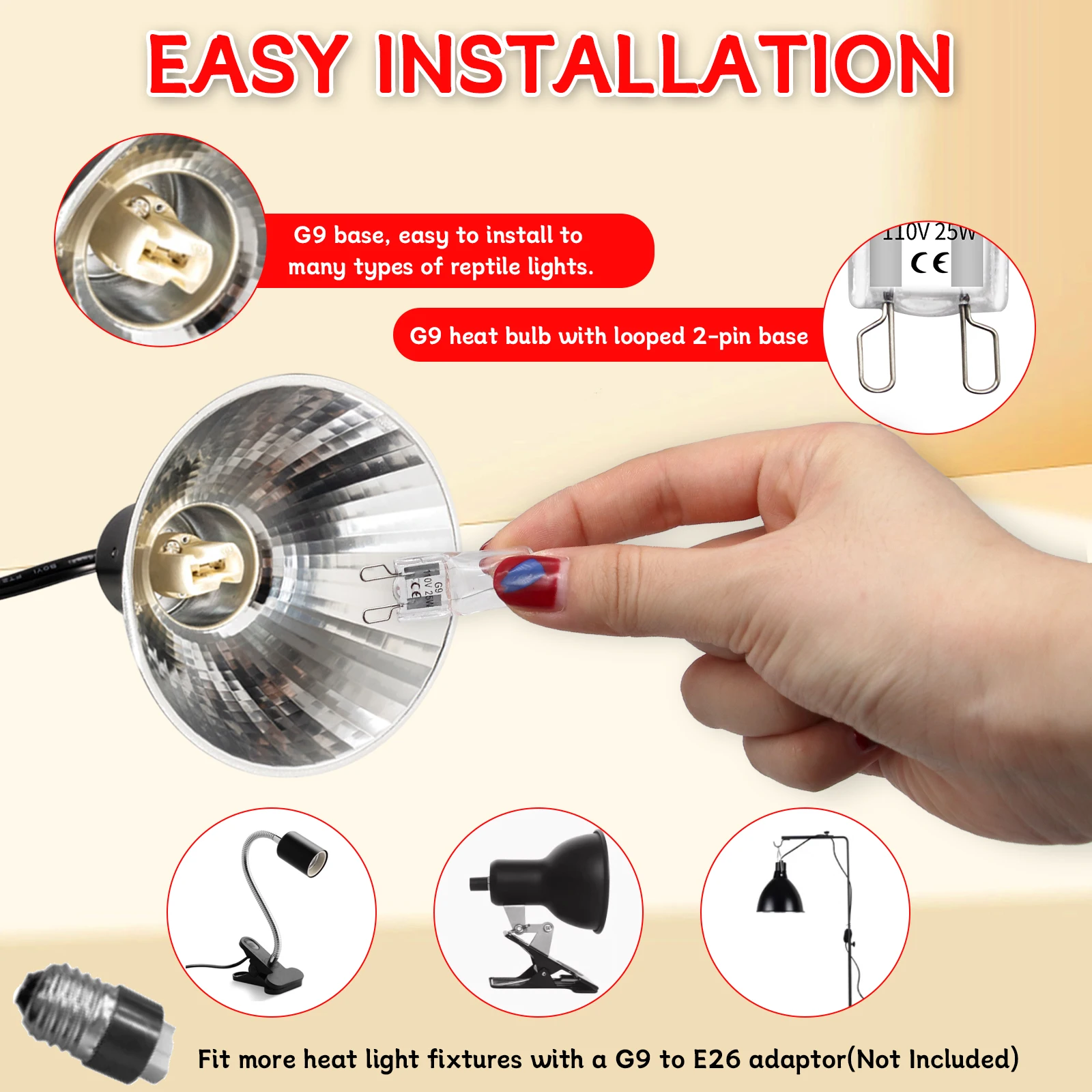 爬虫類用G9ヒートランプ電球10個、ミニ爬虫類ライト2ピンベースUVA爬虫類ヒートランプ（ヒゲトカゲ、ヤモリ、カメ、トカゲ用）