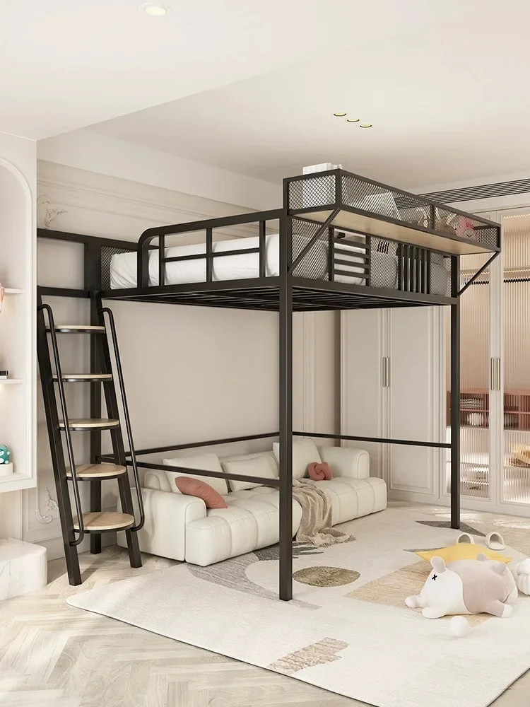 Wrought iron elevated bed sheet Upper bed Lower empty space saving household second floor suspended bed Attic