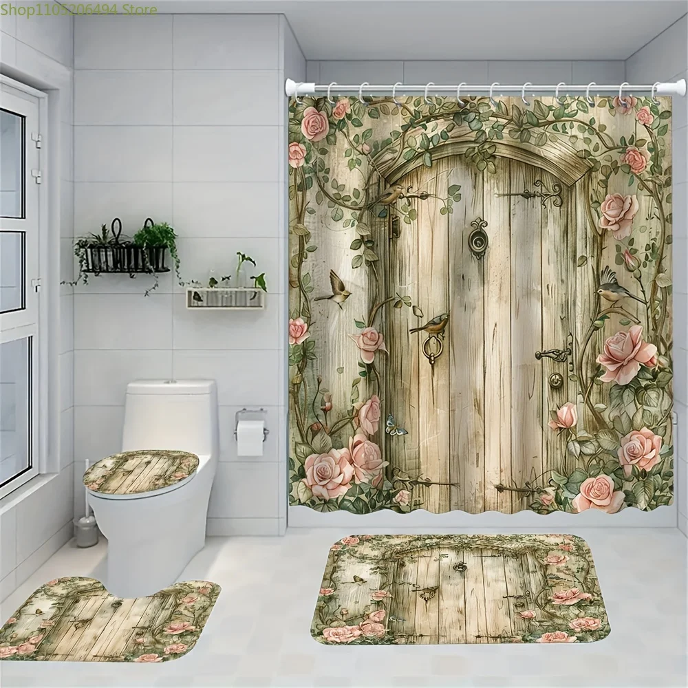 

1/4pcs Rose Mystery Door Printed Shower Curtain Set, Bathroom Decor Kit Includes High Quality Liner with Non-Slip Mat & Toilet