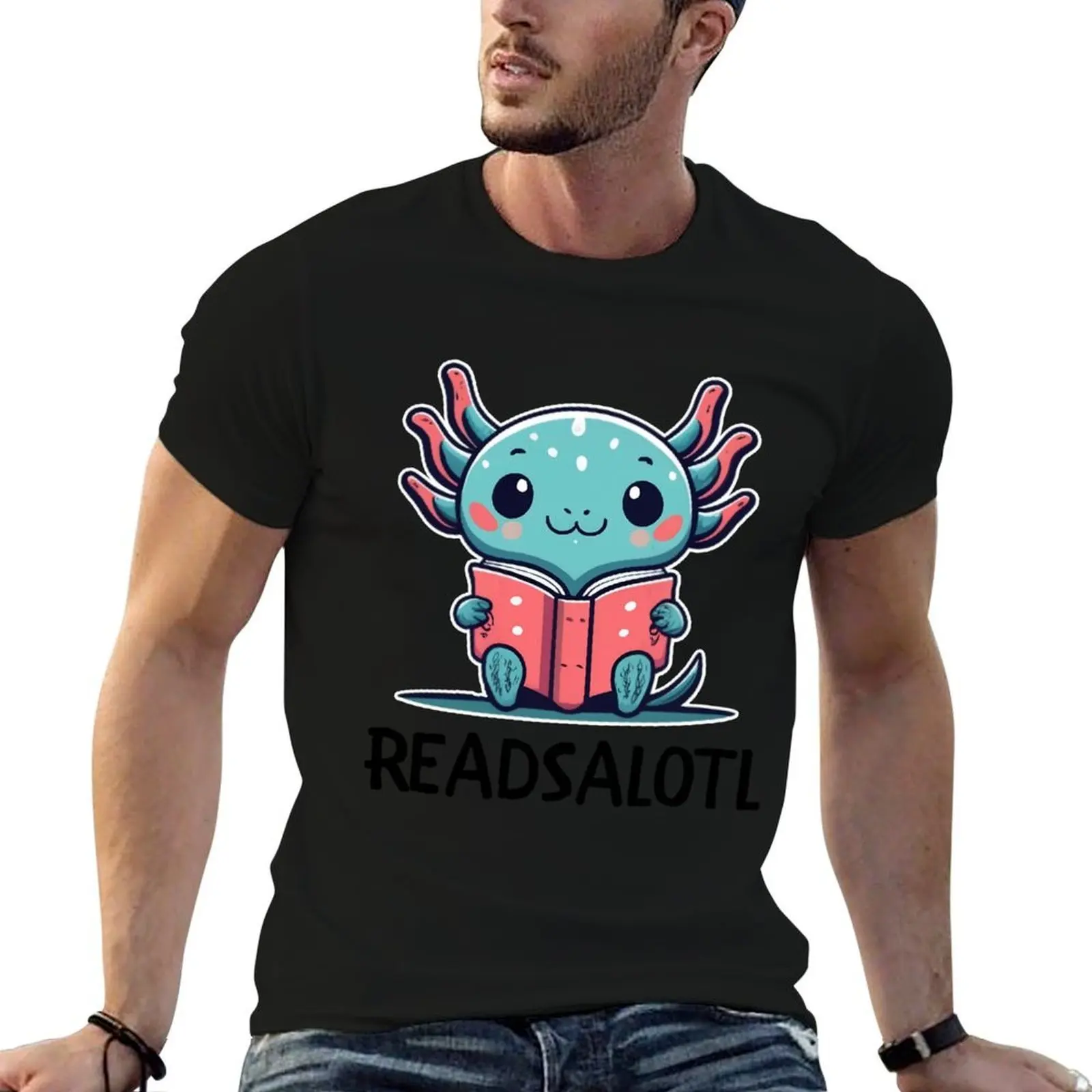 

Readsolotl Blue Kawaii Axolotl Book Lover Funny Reading T-Shirt t shirt for man 100 percent cotton t shirt man plain T-Shirt