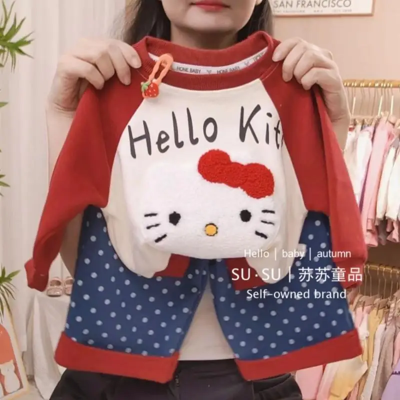 Lente Winter Kind Afdrukken Kleur Bijpassende Hoodie Broek Pak Kawaii Cartoon Kt Kat Veelzijdige Tops Lange Mouwen Sweatshirt Jeans