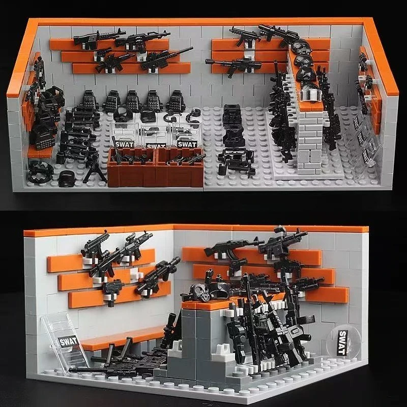 

Armory Warehouse Display Rack Military Base Weapons House Armory SWAT Building Block Sets SWAT Brick Boys Kids Toys Gifts