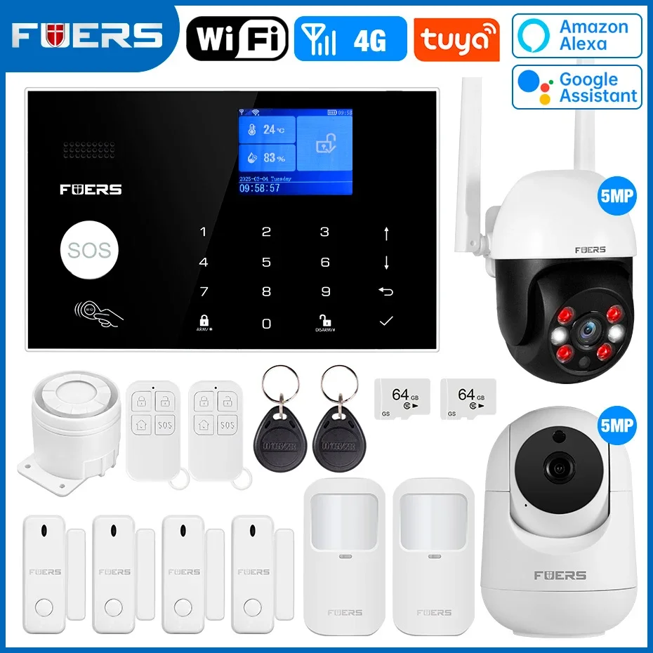 FUERS G34 WIFI 4G Tuya Smart Alarm System Wireless Home Burglar Security Alarm System Control Siren Motion Detector Smoke Sensor