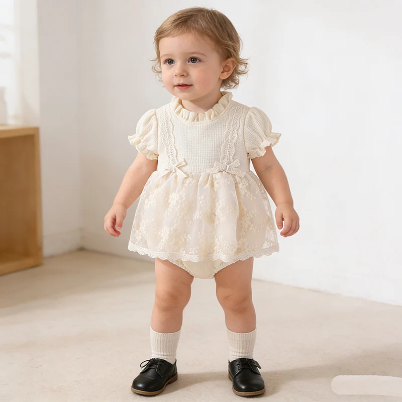 

2026 New Summer 0-24M Baby Clothing Toddler Baby Girls Jumpsuit Short Sleeved Cotton Mesh Splicing Korean Style Climbing Suit