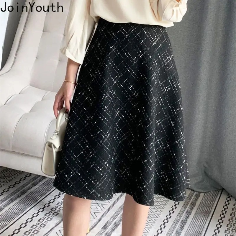 Vintage Black Plaid Women Skirt 2023 Faldas Mujer De Moda Korean Temperament Jupe High Waist A-line Saia Thicked Tunic Skirts