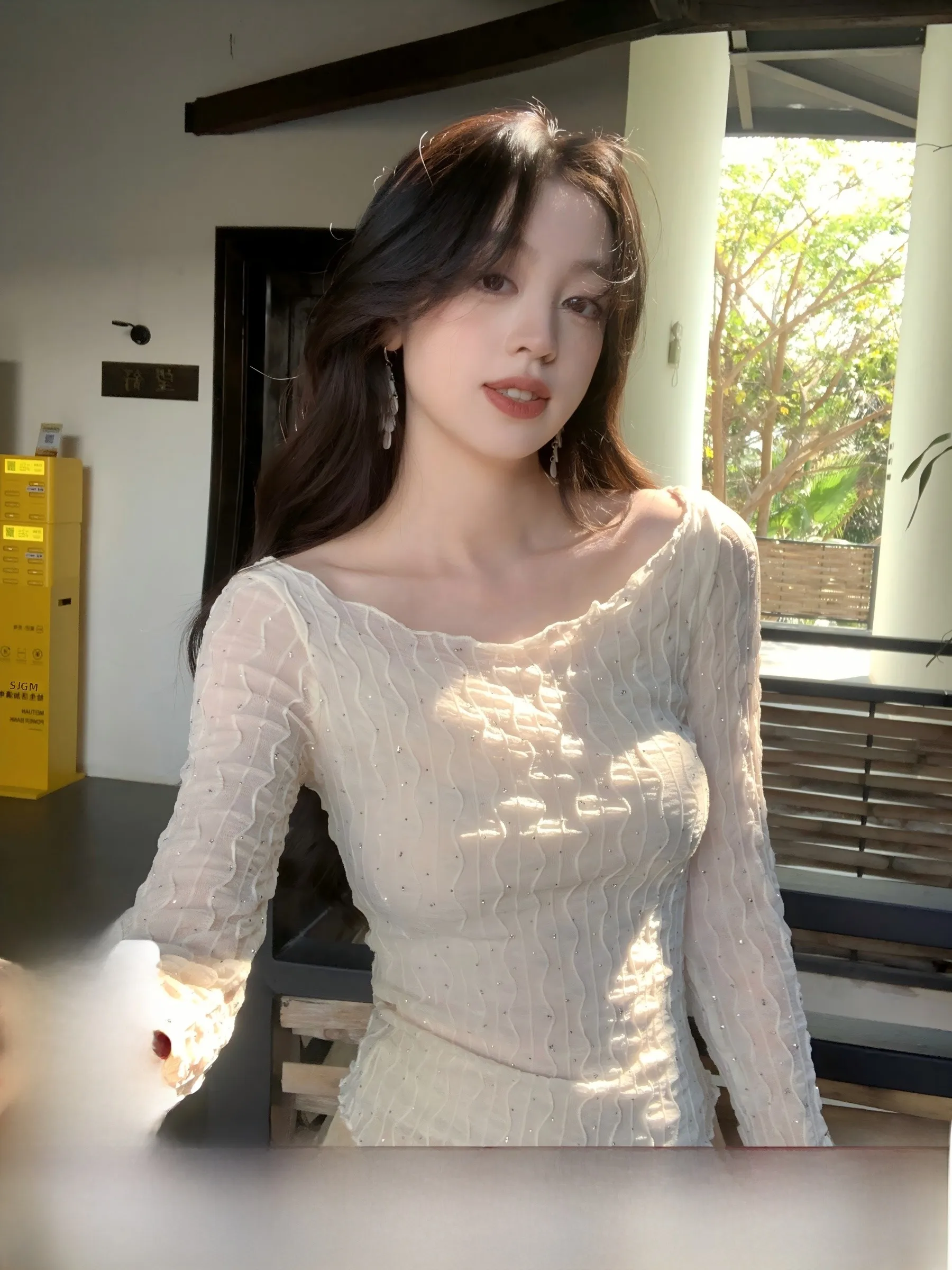 

Retro Texture Wood ain Slim Fit Long Sve T-irt Women's Top High-End Feelings Breathable Comfortable Skin-Friendly