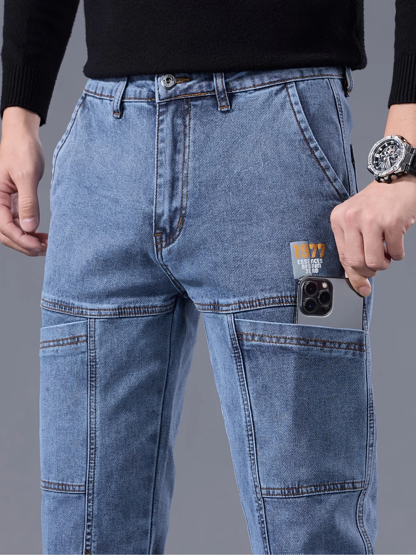 

Мужские джинсы 2026 года с модным принтом, шестью карманами, прямым кроем, повседневные, удобные, размер 38