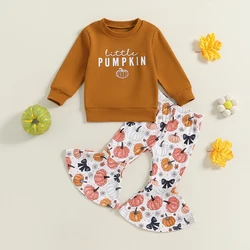 2024-06-25 Lioraitiin Toddler Girls Halloween Outfits Letter Print Long Sleeve Sweatshirt Pumpkin Print Flare Pants Clothes Set