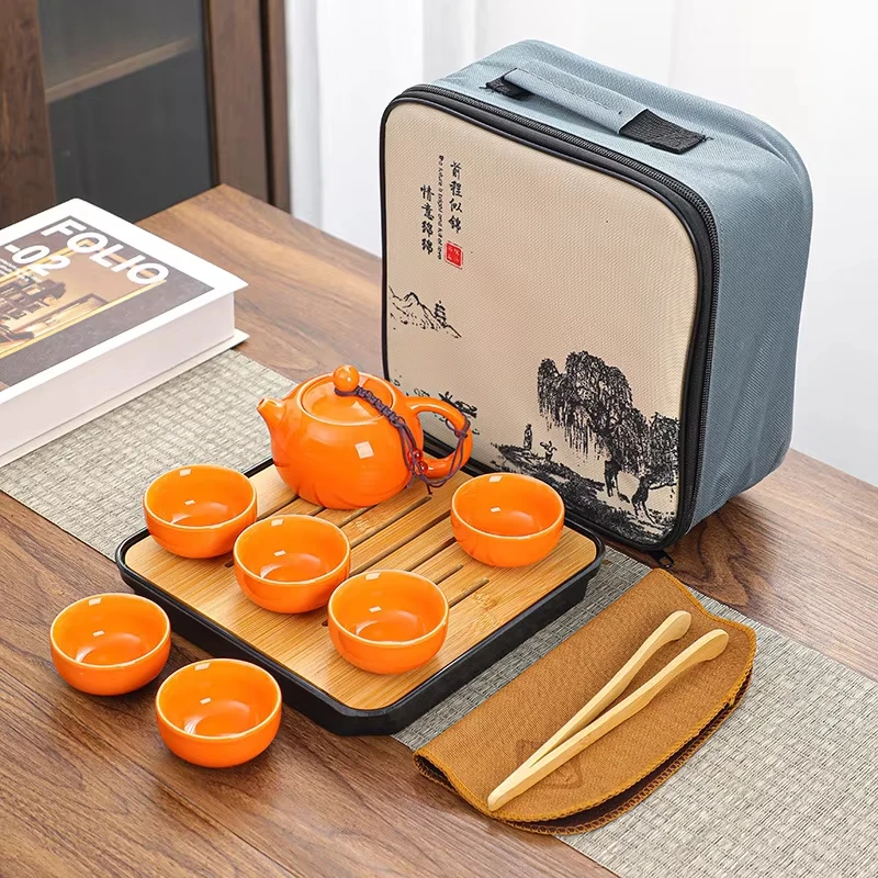 Chinese Kung Fu Travel Set, Ceramic Portable Teapot, Porcelain Teaset, Gaiwan Tea Cups, Tea Tool with Travelling Bag, 4 Cups