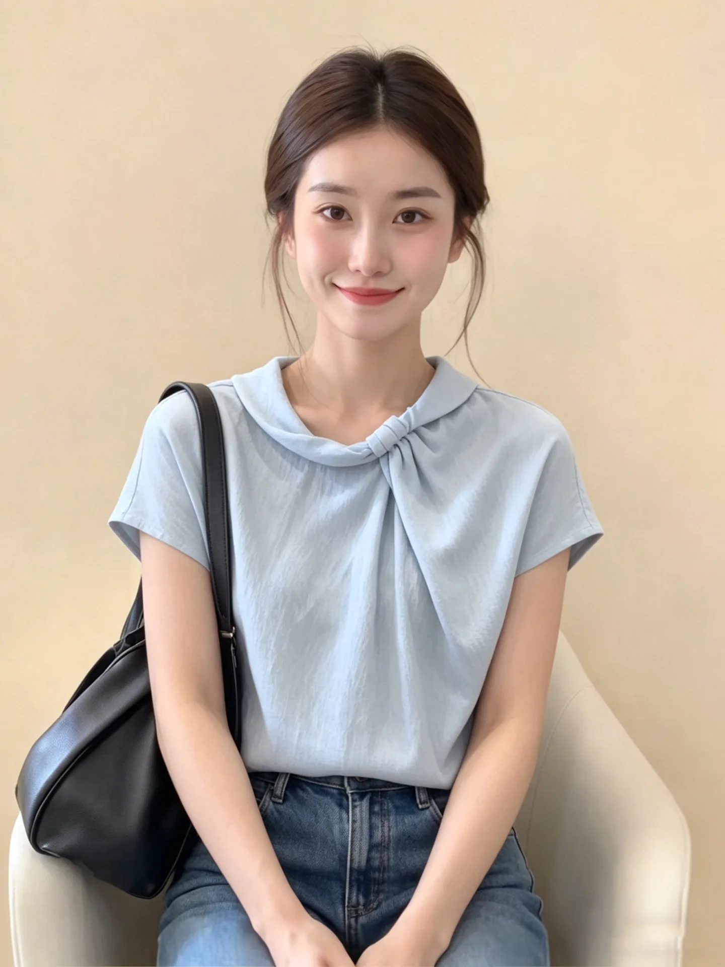Unique Blue Short Sleeve Women's Shirt Elegant Design Summer Top Breathable Comfortable Skin-friendly Regular Fit T-shirt