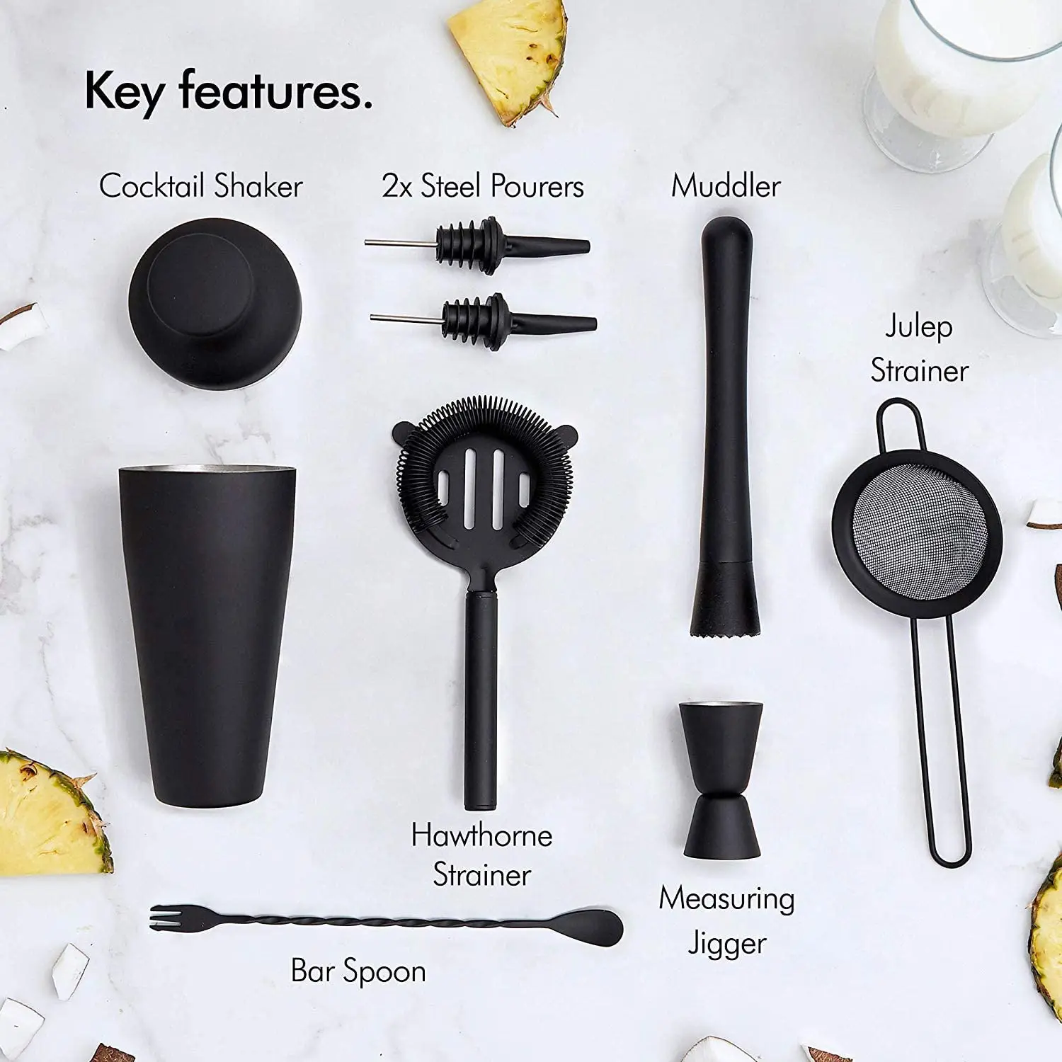 Cocktail Set, Cocktail Making Set, Parisian Matte Black 9 Piece Stainless Steel Cocktail Shaker Set, Bar Tool