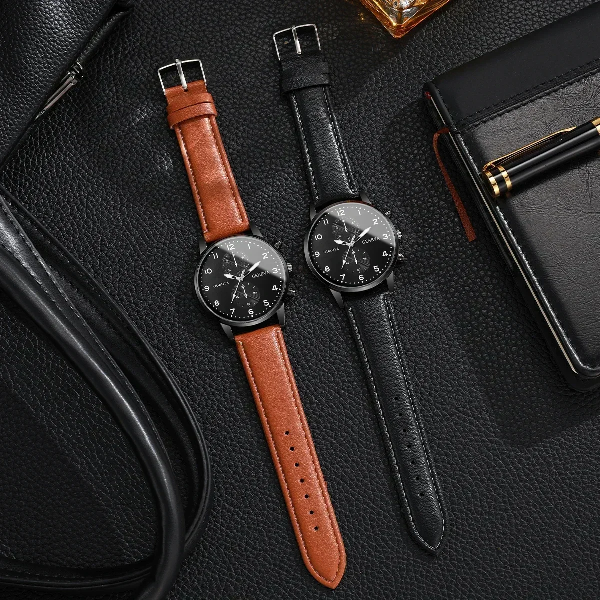 20262pcs men's three eye business casual trendy belt quartz watch high-end atmospheric watch