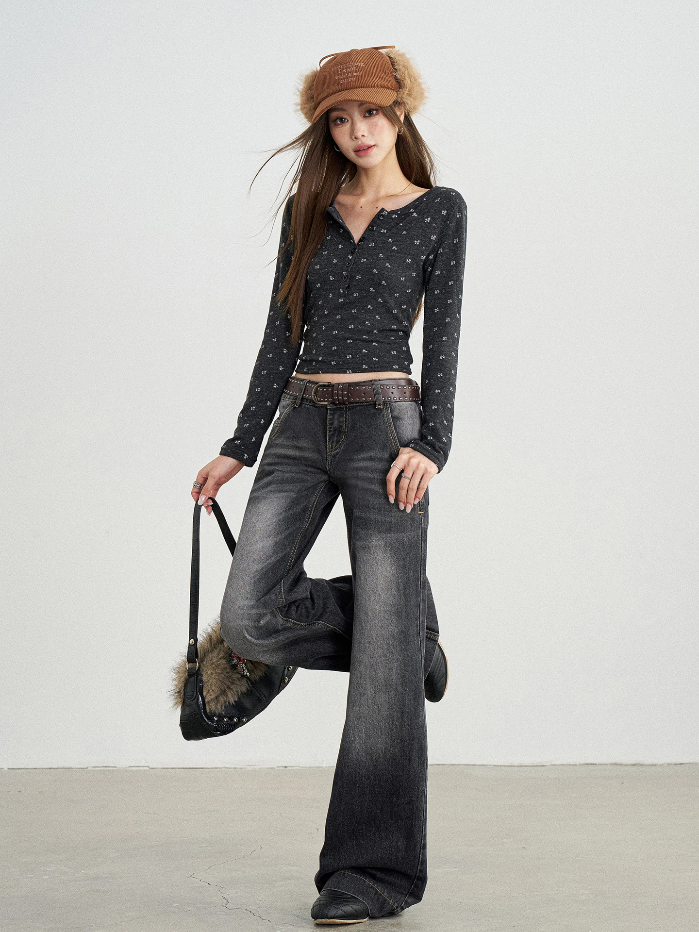 TGXQ Grey Double Buckle Low Waist Bell Bottom Jeans Women's Fashion Slimming Wide Leg Pants Casual Loose Fit Denim Trousers