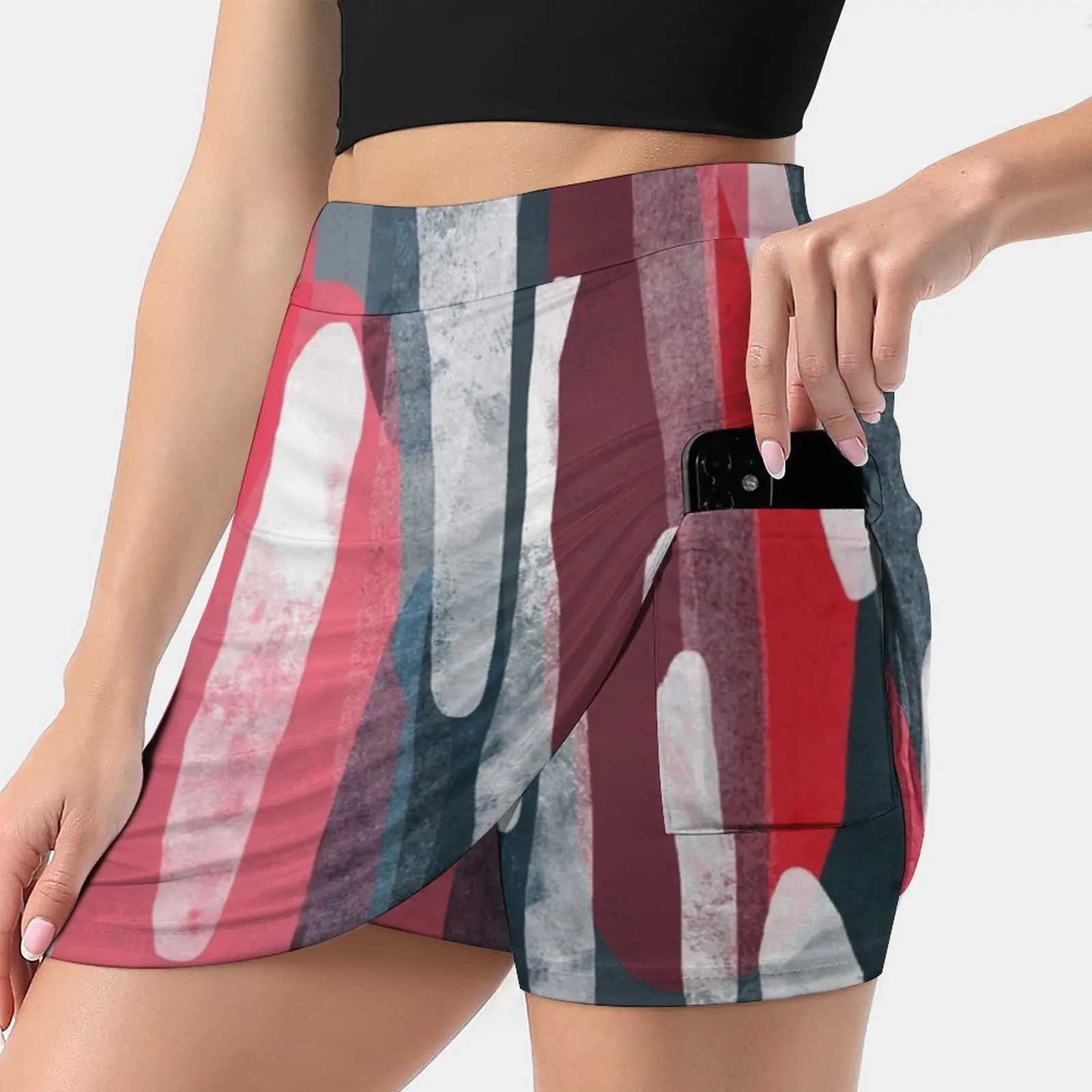 The Space In Between Women's skirt Mini Skirts A Line Skirt With Hide Pocket Abstract Tracie Andrews Red White Black Ink Ovals