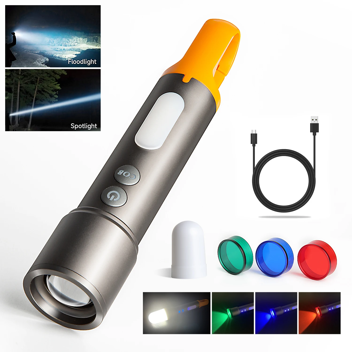 

White Laser Flashlight USB Charging Portable Multifunctional Camping Light Aluminum Alloy Telescopic Zoom Three Color Torch Tent