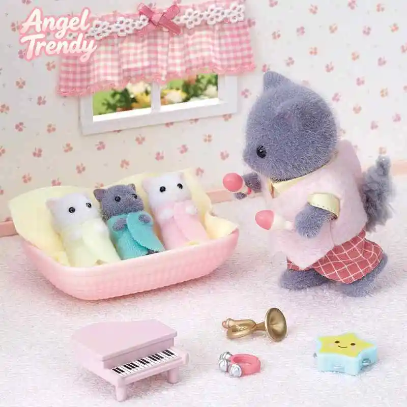 シルバニアファミリー-ペルシャ猫の三つ子-ぬいぐるみ-フロッキング加工-コレクタブルフィギュア-ホームデコレーション-大人向けコレクター向けディスプレイ