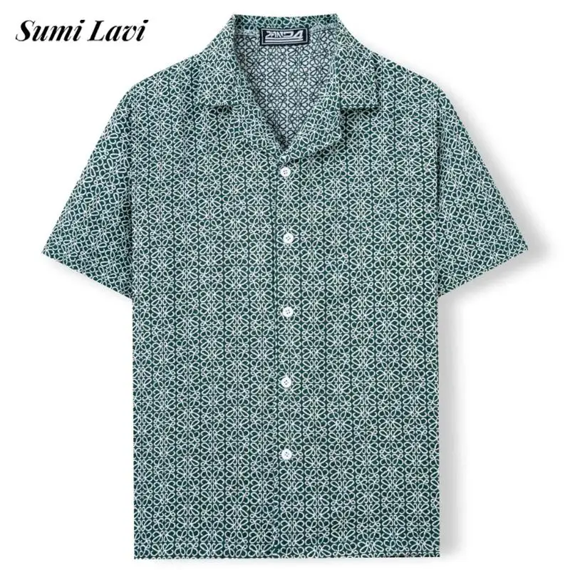 

Vacation Mens Shirts Casual Short Sleeve Button-up Turn-down Collar Vintage Textured Cardigan Tops Men Fashion Geometric Shirt