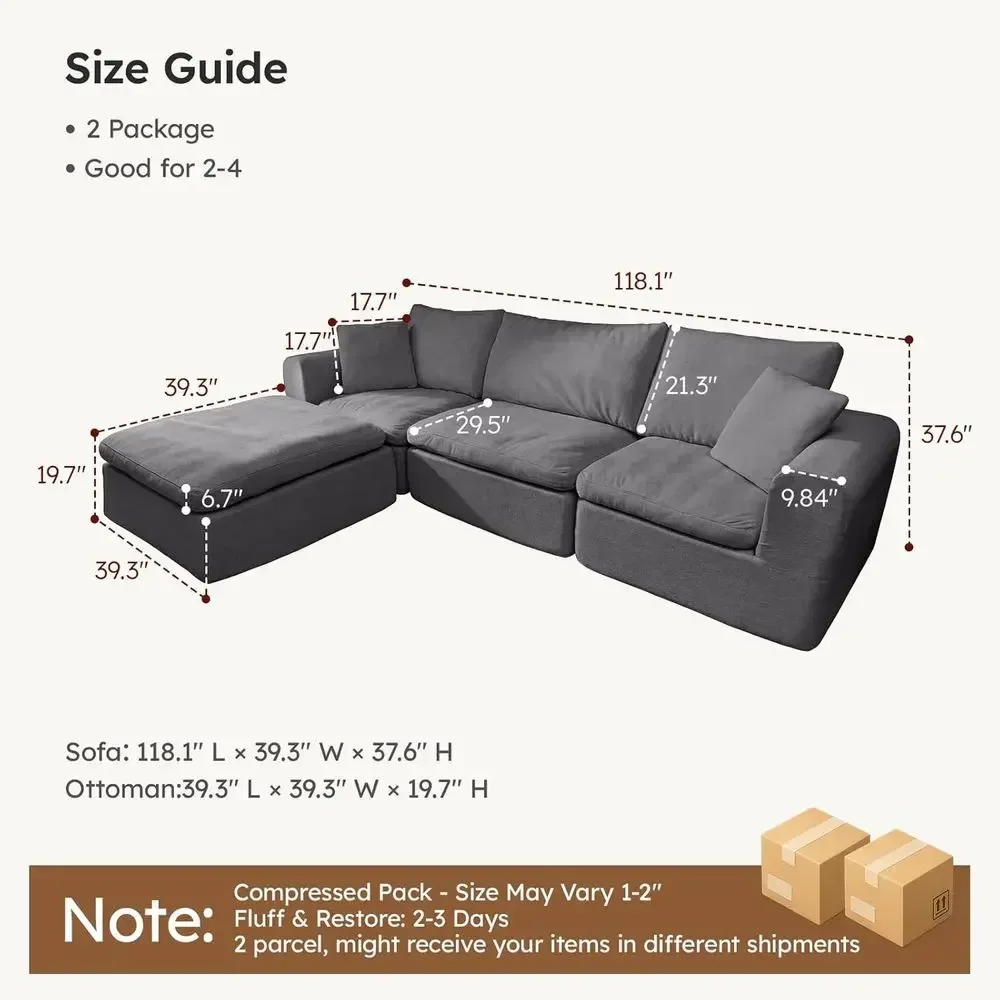 Cloud Couch L-Shaped Chaise, Deep Seat Sectional Sofa for Living Room, No Assembly, High Back Pillows, Chenille Fabric, Gray