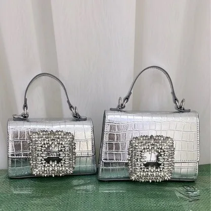 24 New   Diamond-Embedded Fairy  Crocodile Pattern Small Square Super Flash Rhinestone Portable Shoulder Messenger Bag for Women