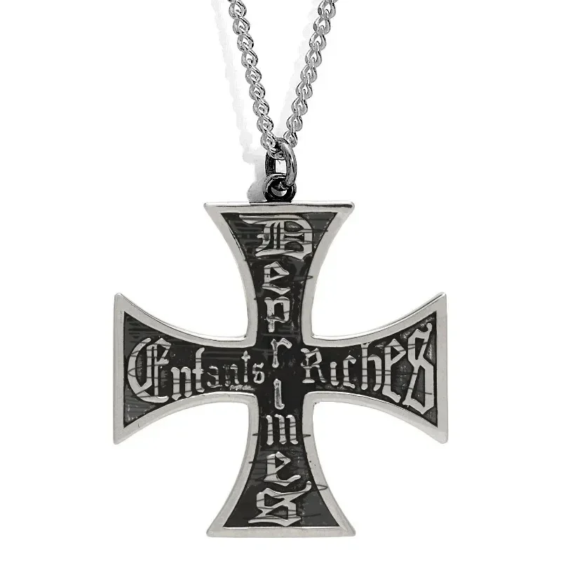 ERD style retro double-sided cross shape distressed letter personality 925 silver necklace long men