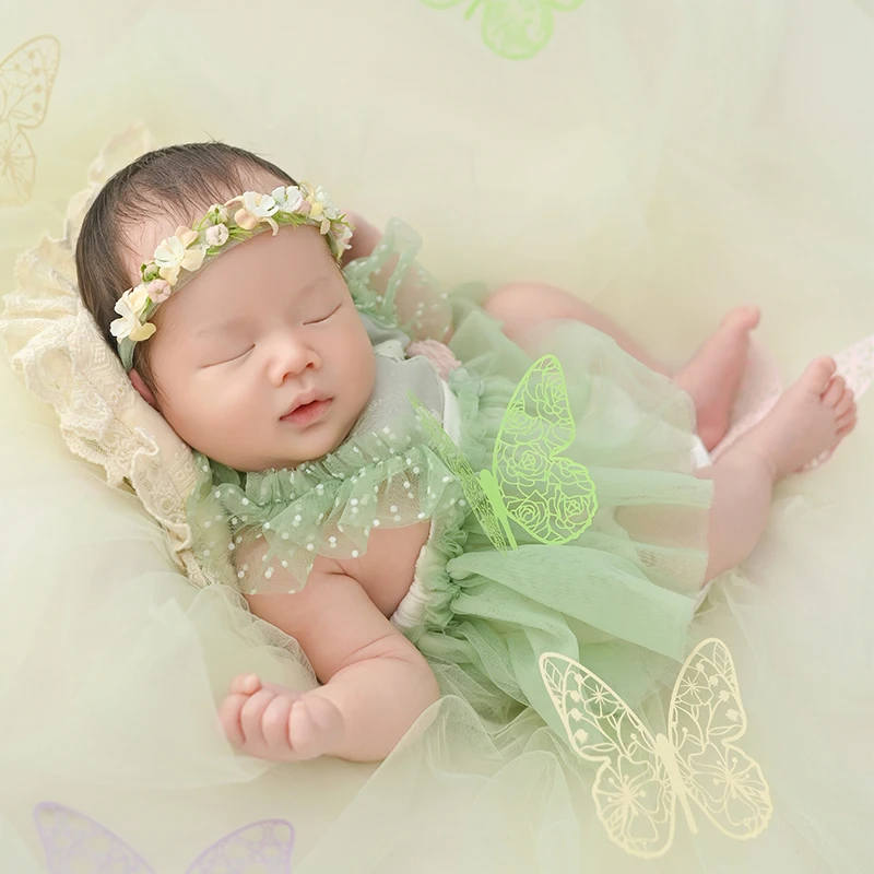 

Newborn Photography Props Green Elf Baby Girl Lace Mesh Skirt costumes with Headband 2pcs/Set Hollow Butterfly Decorative Props