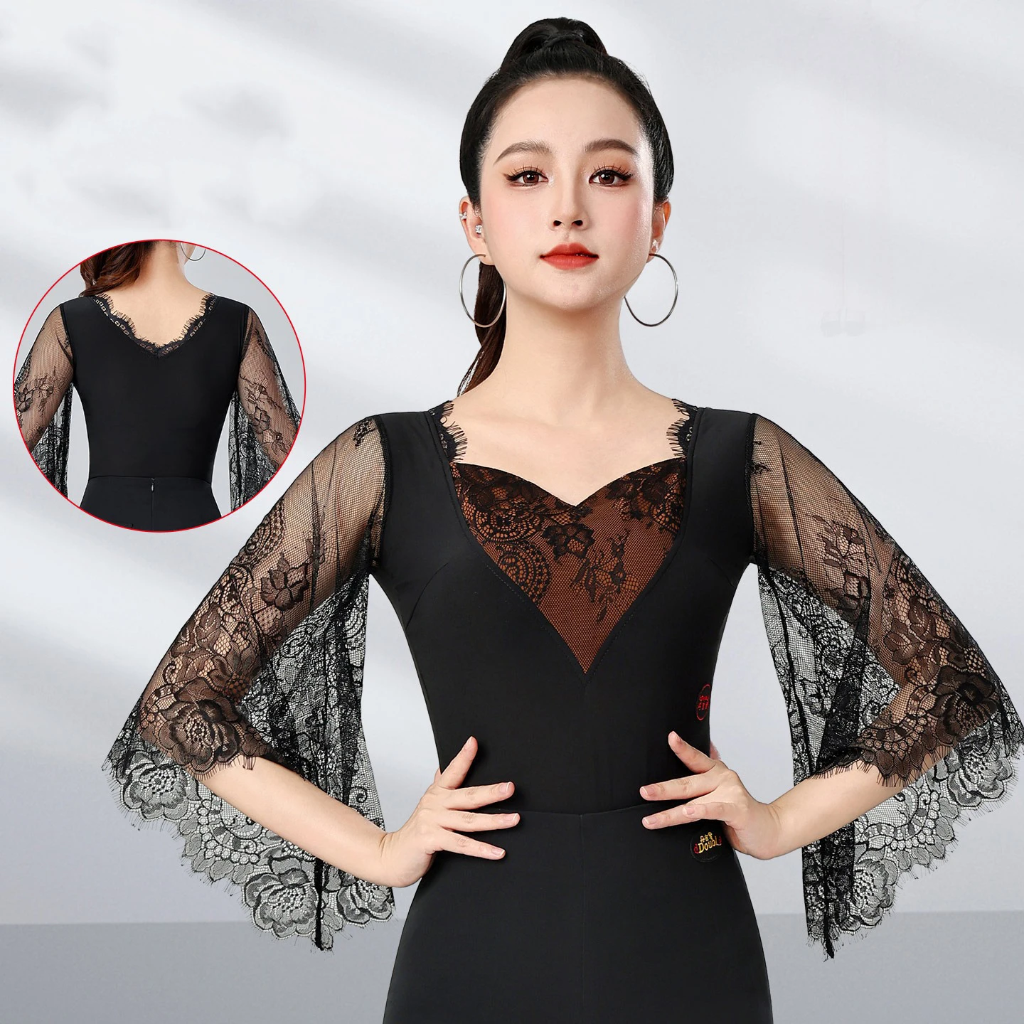 2025 نساء ملابس الرقص الحديثة أسود نصف كم جمبسوت من الدانتيل تشاتشا اللاتينية قاعة الرقص أزياء مسرحية ارتداء DN21353