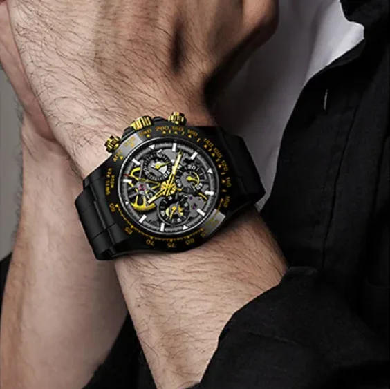 

CRONUSART Мужские часы-хронограф 42 мм Автоматические механические наручные часы Светящийся сапфировый скелетон Фторкаучуковый ремешок Керамический безель