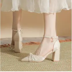 Size 30-44 Chunky Heel Pointed Toe Hollow High Heel Dress Shoes Women Beige Wedding Shoes
