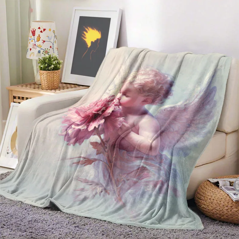 Angels and Pink Flowers Flannel printed blanket suitable for all seasons suitable for living room office sofa and travel