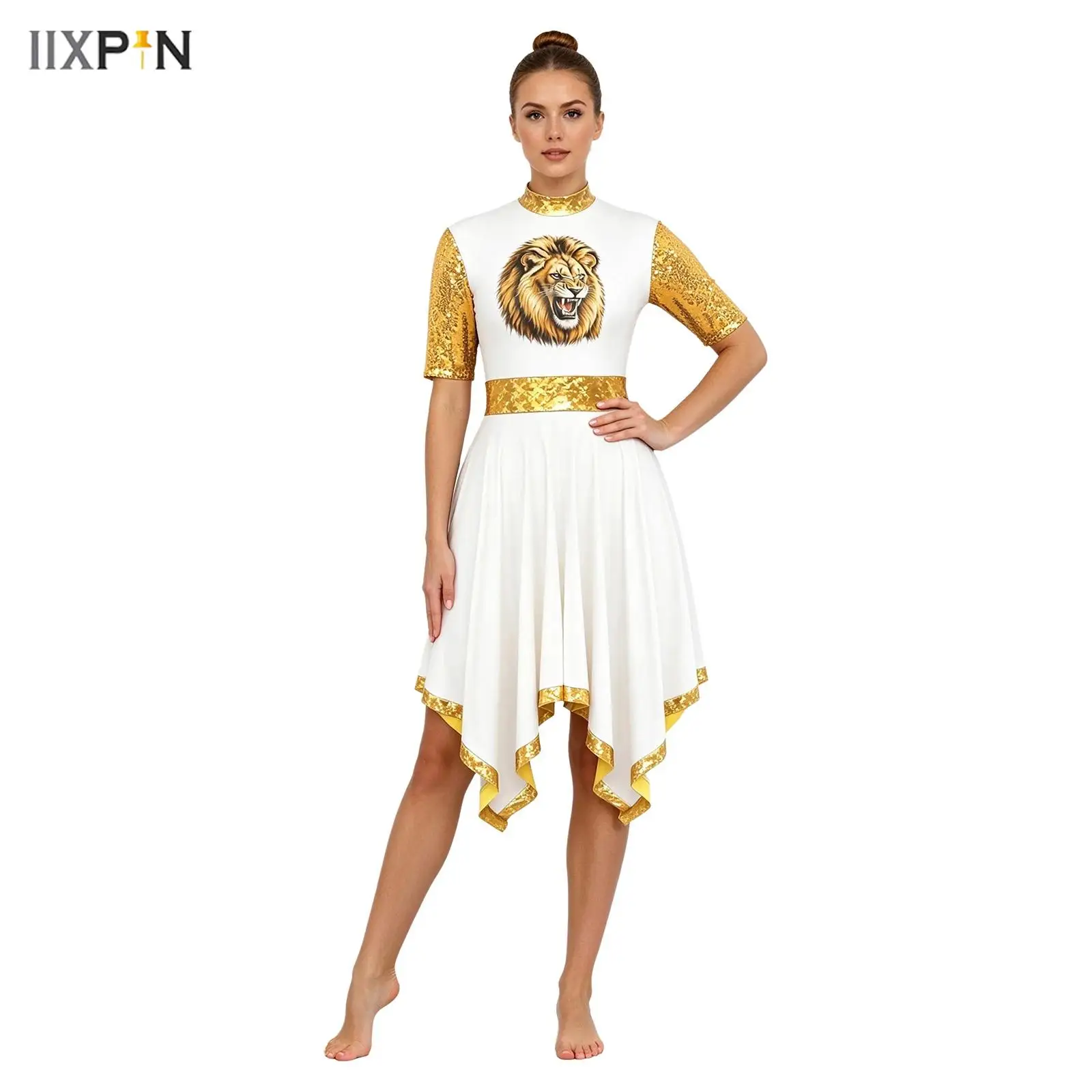 Women Liturgical Praise Dance Dress Chior Church Robe Gown Sequin Short Sleeves Lion Print Glittery Metallic Irregular Hem Dress