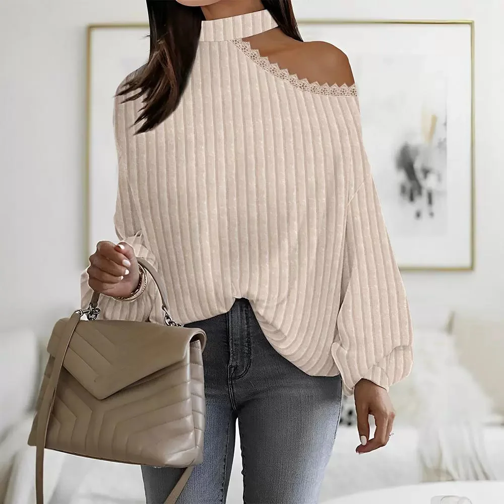 Women Autumn Casual Lace Splicing Off-Shoulder Pit Strip Top Long Sleeve Pullover