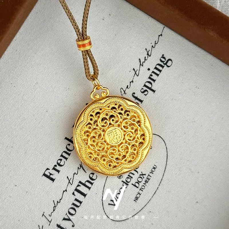 الذهب الحقيقي 999 الاتجاه الوطني الجديد على الطراز الصيني نمط عرقي مجوف تصميم تخريمي قلادة Huluhua #4