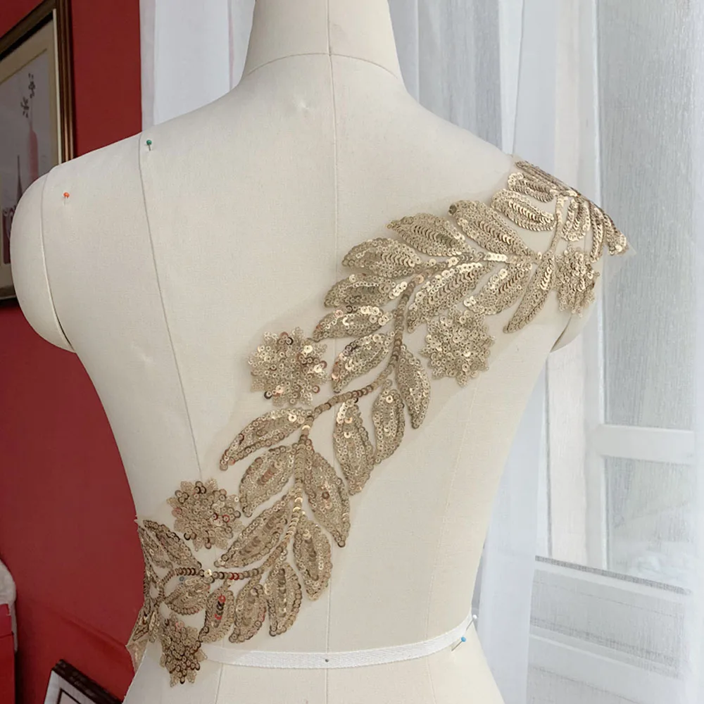 1Pc Gold Sequin Flower Lace Applique Motif Embroidery Patch For Dance Costume Craft Size 130*12cm