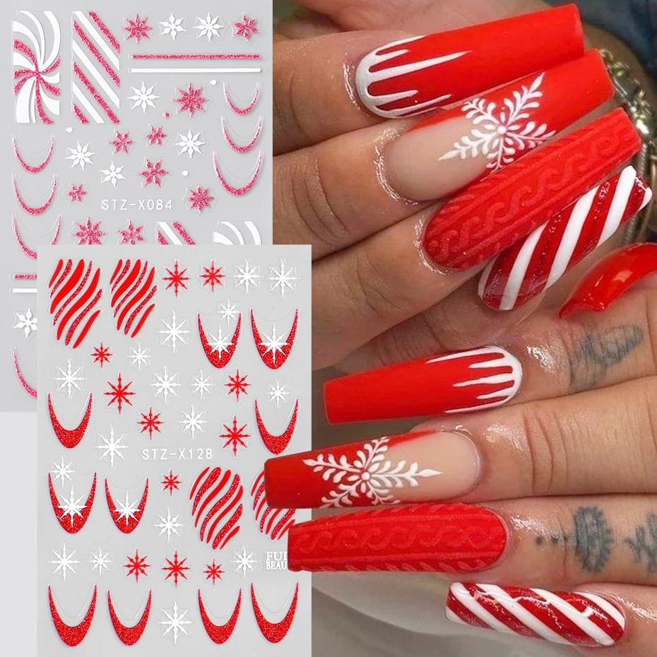 2 pcs Christmas French Style Snowflake Nail Stickers Candy Cane Sweater Wave Stripes DIY Winter New Year Holiday Manicure