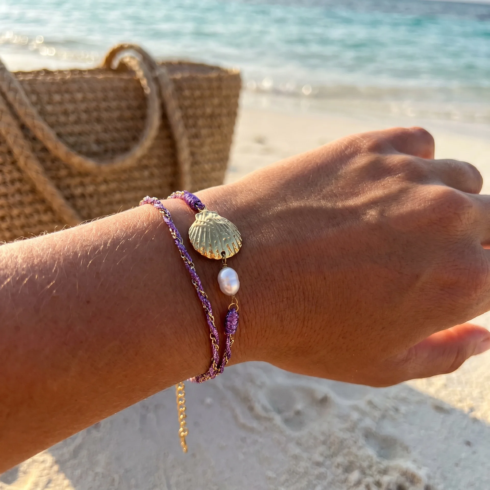 Bohemian Fan Conch Alloy Pendant Double Layer Pearl Wrapped Cotton Rope Bracelet Fresh Sweet Korean Style for Women