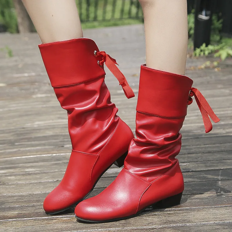 Autumn And Winter Women Boots New Low-heeled Mid-boots Back Lace European And American Square Heel Round Toe Women Shoes 35-43